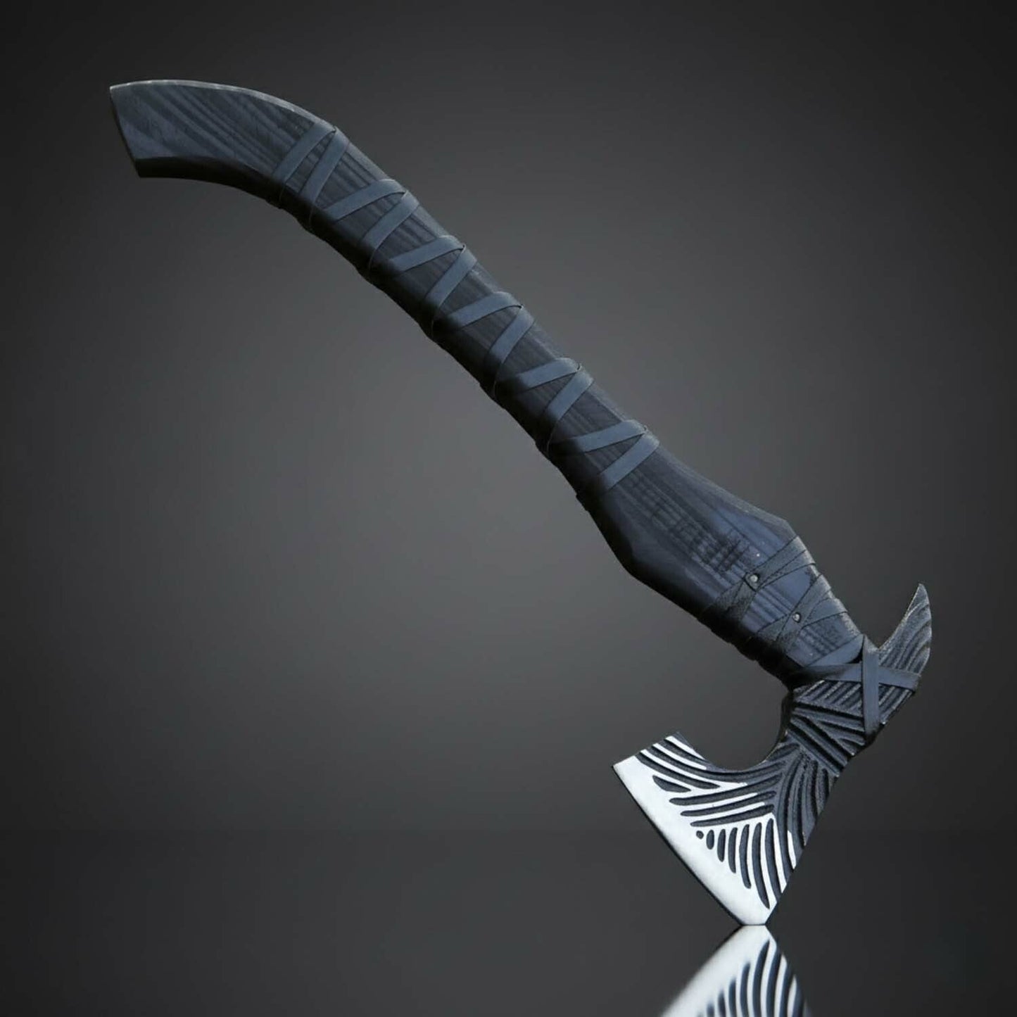 Black Engraved Fixed Blade Axe with Ash Wood Handle – Leather Sheath Included
