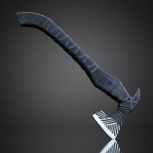 Black Engraved Fixed Blade Axe with Ash Wood Handle – Leather Sheath Included