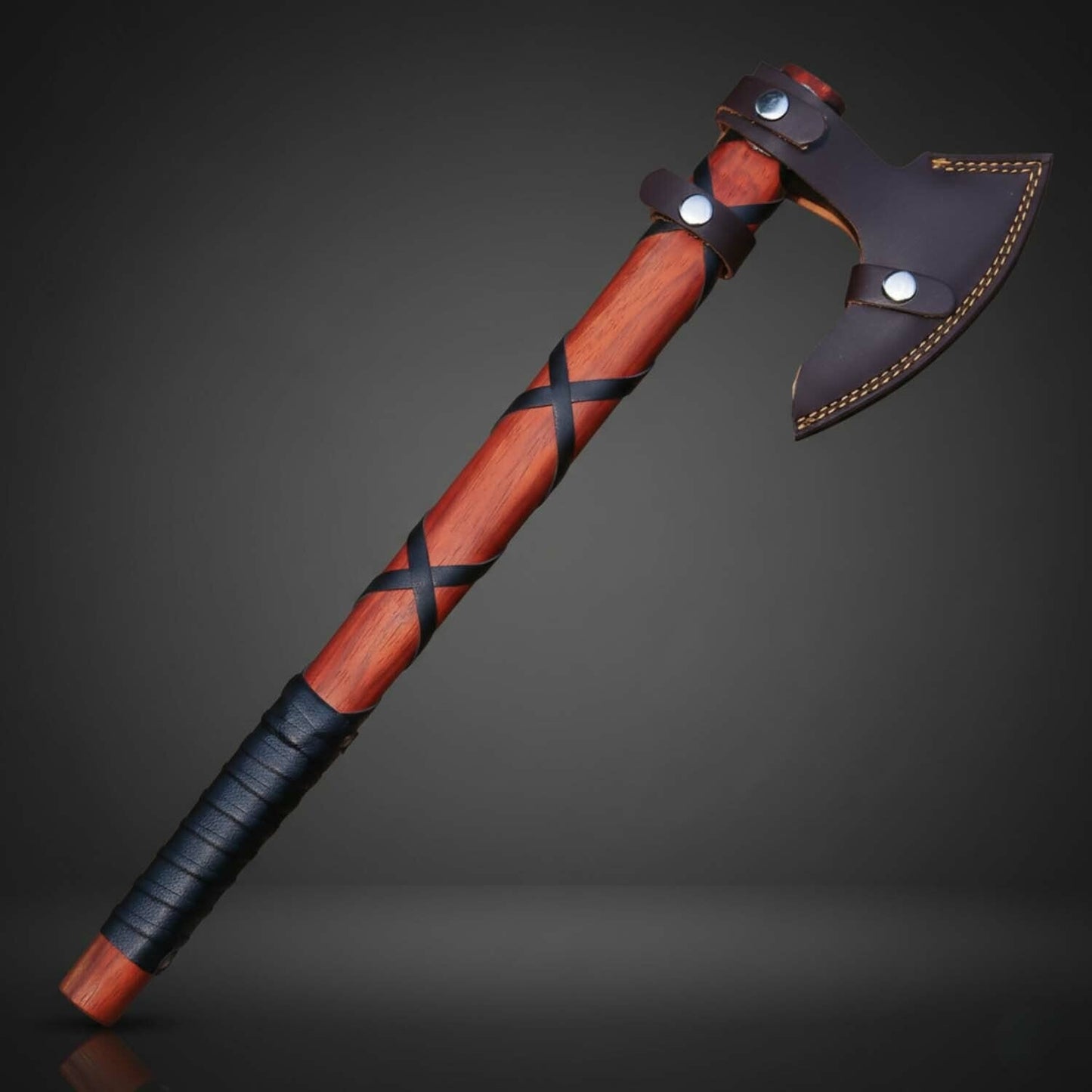 Red Orange Fixed Blade Axe with High Carbon Steel Blade & Colored Ash Wood Handle – Leather Sheath Included