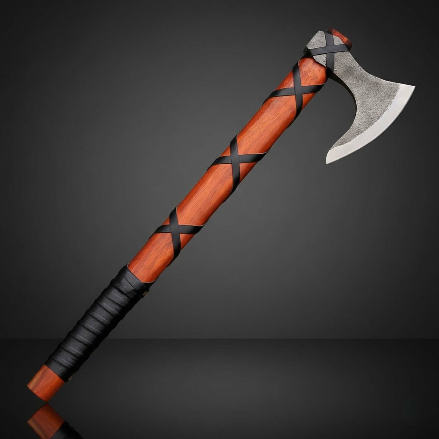 Red Orange Fixed Blade Axe with High Carbon Steel Blade & Ash Wood Handle – Leather Sheath Included