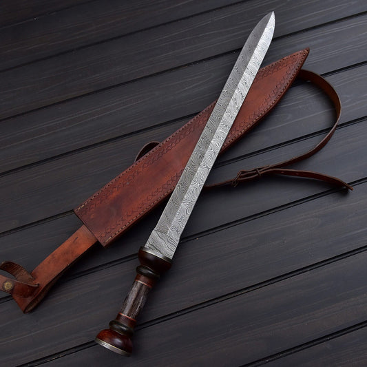 Handmade Roman Gladius Damascus Steel Sword – 24.75 Double Edge Historical Replica with Leather Sheath
