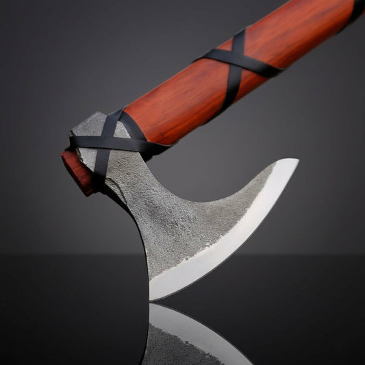 Red Orange Fixed Blade Axe with High Carbon Steel Blade & Ash Wood Handle – Leather Sheath Included