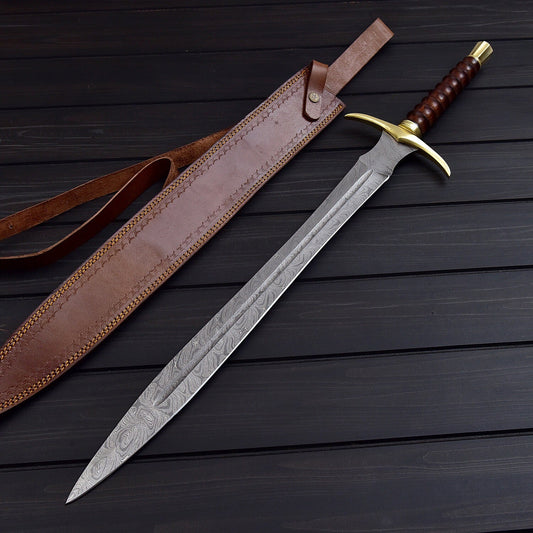 Damascus Steel Viking Sword – 32 Handmade Double Edge with Walnut Handle & Leather Sheath