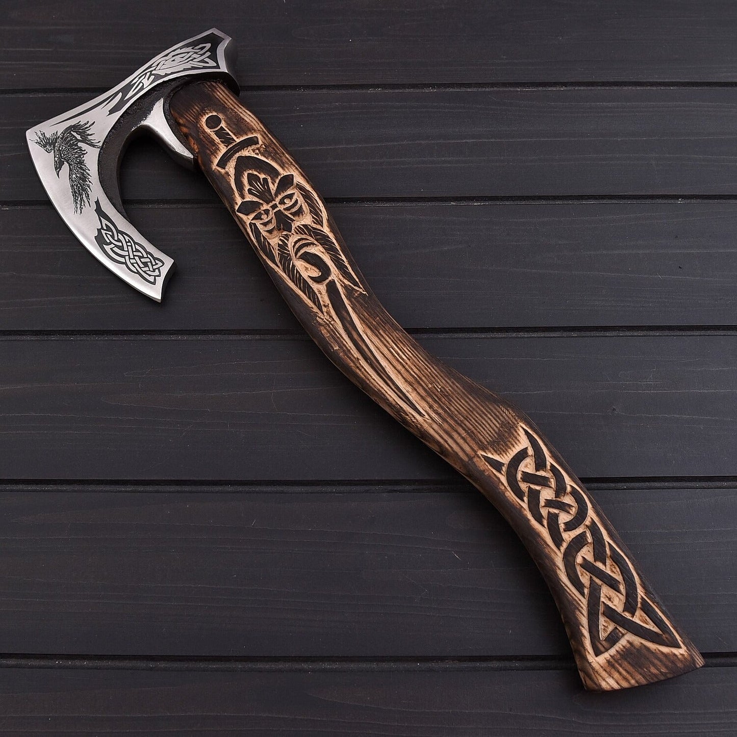 Handmade Carbon Steel Viking Style Axe – 1095 Steel Blade Engraved Ash Wood Handle  Leather Sheath – 20 Decorative & Outdoor Tool