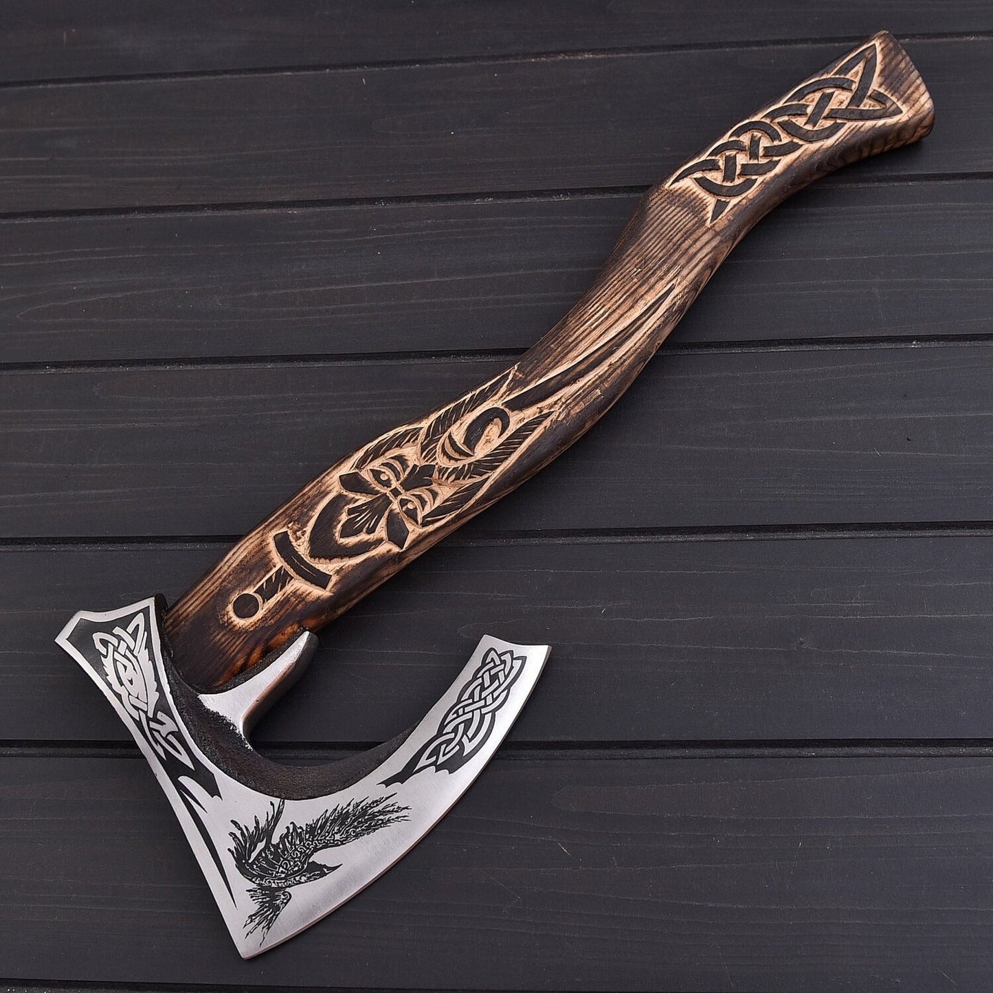 Handmade Carbon Steel Viking Style Axe – 1095 Steel Blade Engraved Ash Wood Handle  Leather Sheath – 20 Decorative & Outdoor Tool