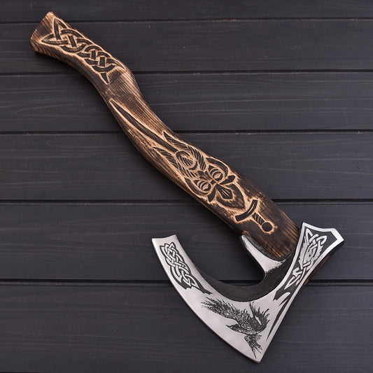 Handmade Carbon Steel Viking Style Axe – 1095 Steel Blade Engraved Ash Wood Handle  Leather Sheath – 20 Decorative & Outdoor Tool