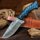 9.5" Damascus Steel Fixed Blade Knife with Blue Grooved Wood Handle – Leather Sheath Included