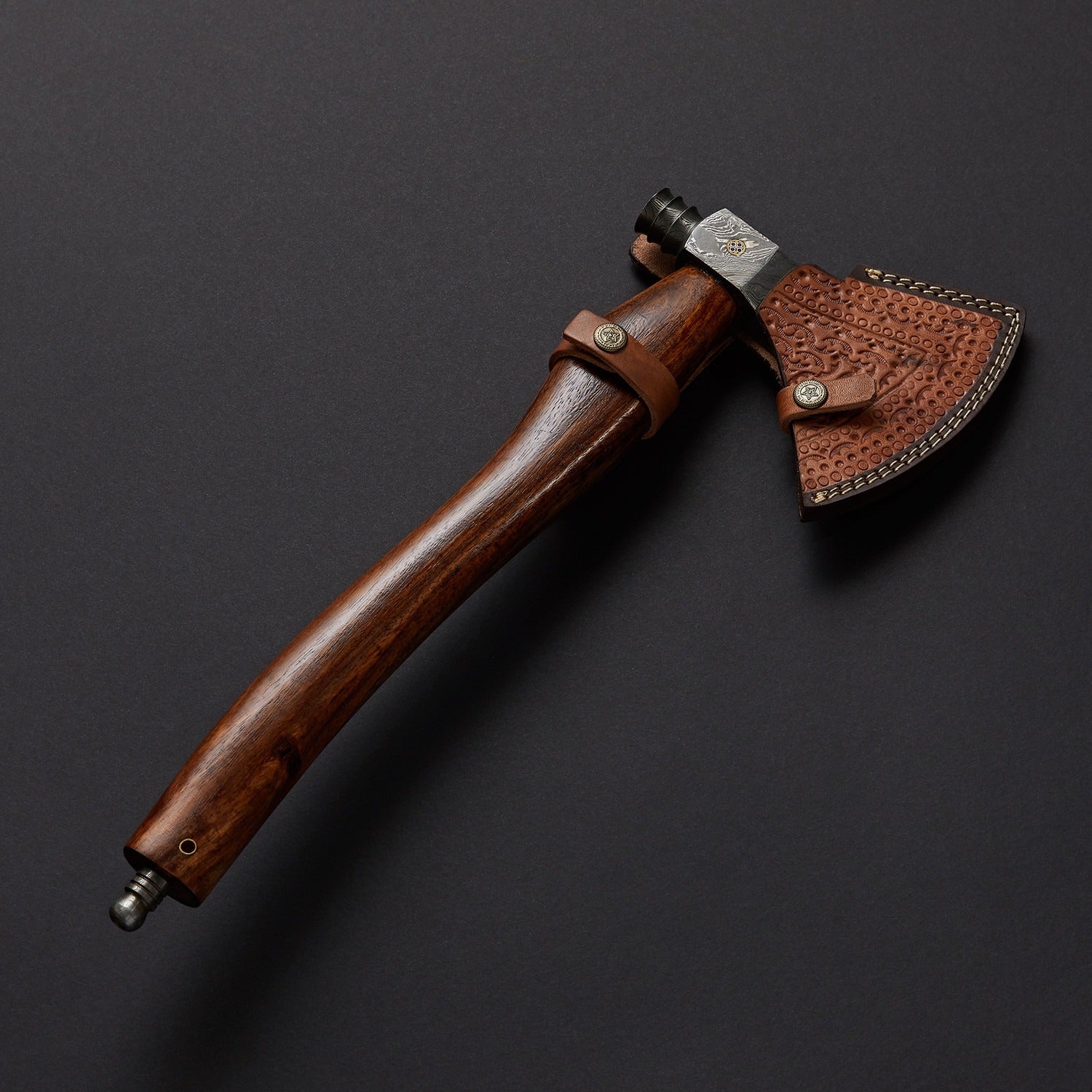 Hand-Forged Damascus Steel Viking Axe – 15” Battle Ready Tomahawk with Raindrop Pattern Blade & Rosewood Handle