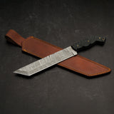 14.25" Damascus Steel Fixed Blade Knife with Black Micarta Handle – Leather Sheath Included