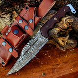 12" Damascus Steel Fixed Blade Knife with Ergonomic Walnut Wood Handle – Leather Sheath Included
