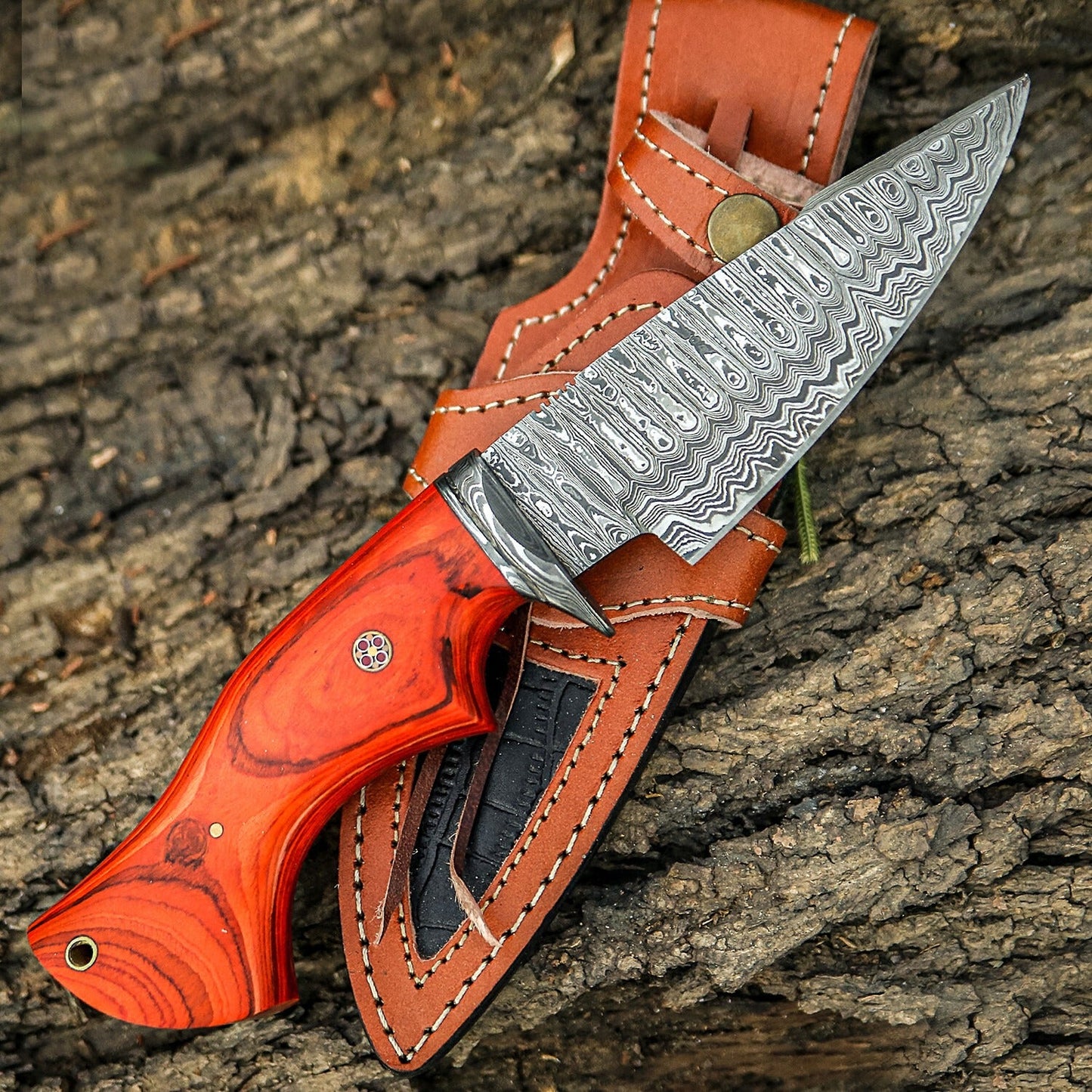 10" Damascus Steel Fixed Blade Knife with Orange Wood Handle – Leather Sheath Included
