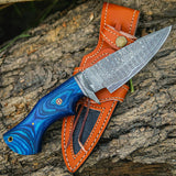 10" Damascus Steel Fixed Blade Knife with Blue Wood Handle – Leather Sheath Included