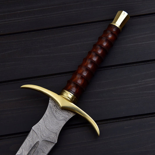 Damascus Steel Viking Sword – 32 Handmade Double Edge with Walnut Handle & Leather Sheath