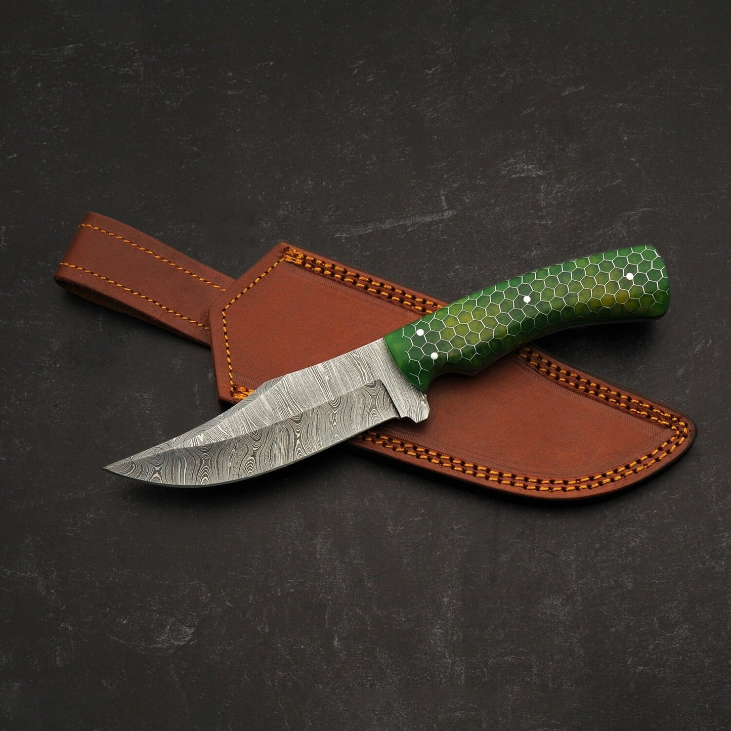 9.75" Damascus Steel Fixed Blade Knife with Green Acrylic Lizard Handle  Leather Sheath Included