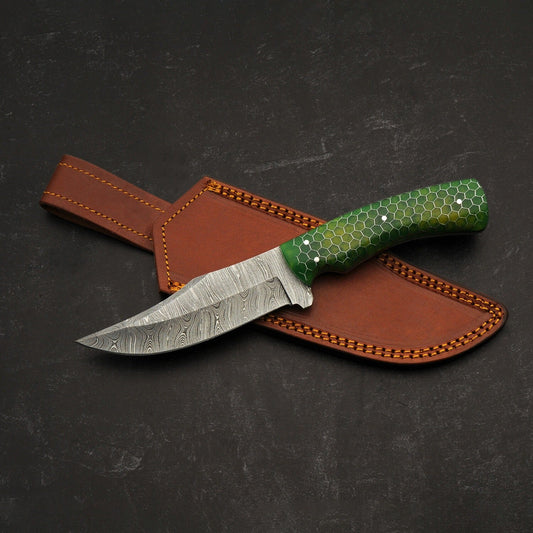 9.75" Damascus Steel Fixed Blade Knife with Green Acrylic Lizard Handle  Leather Sheath Included