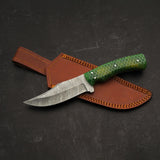 9.75" Damascus Steel Fixed Blade Knife with Green Acrylic Lizard Handle  Leather Sheath Included