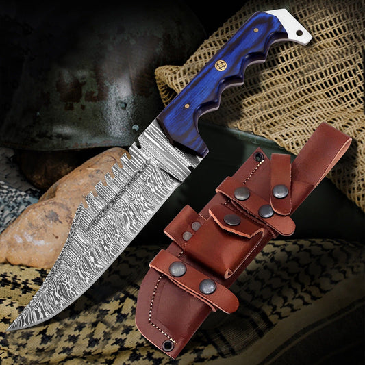 12" Damascus Steel Fixed Blade Knife with Ergonomic Blue Wood Handle – Leather Sheath Included