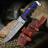 12" Damascus Steel Fixed Blade Knife with Ergonomic Blue Wood Handle – Leather Sheath Included
