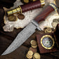12" Damascus Steel Bowie Knife with Brass Handwork & Walnut Wood Handle – Leather Sheath Included