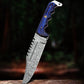 12" Damascus Steel Fixed Blade Knife with Ergonomic Blue Wood Handle – Leather Sheath Included