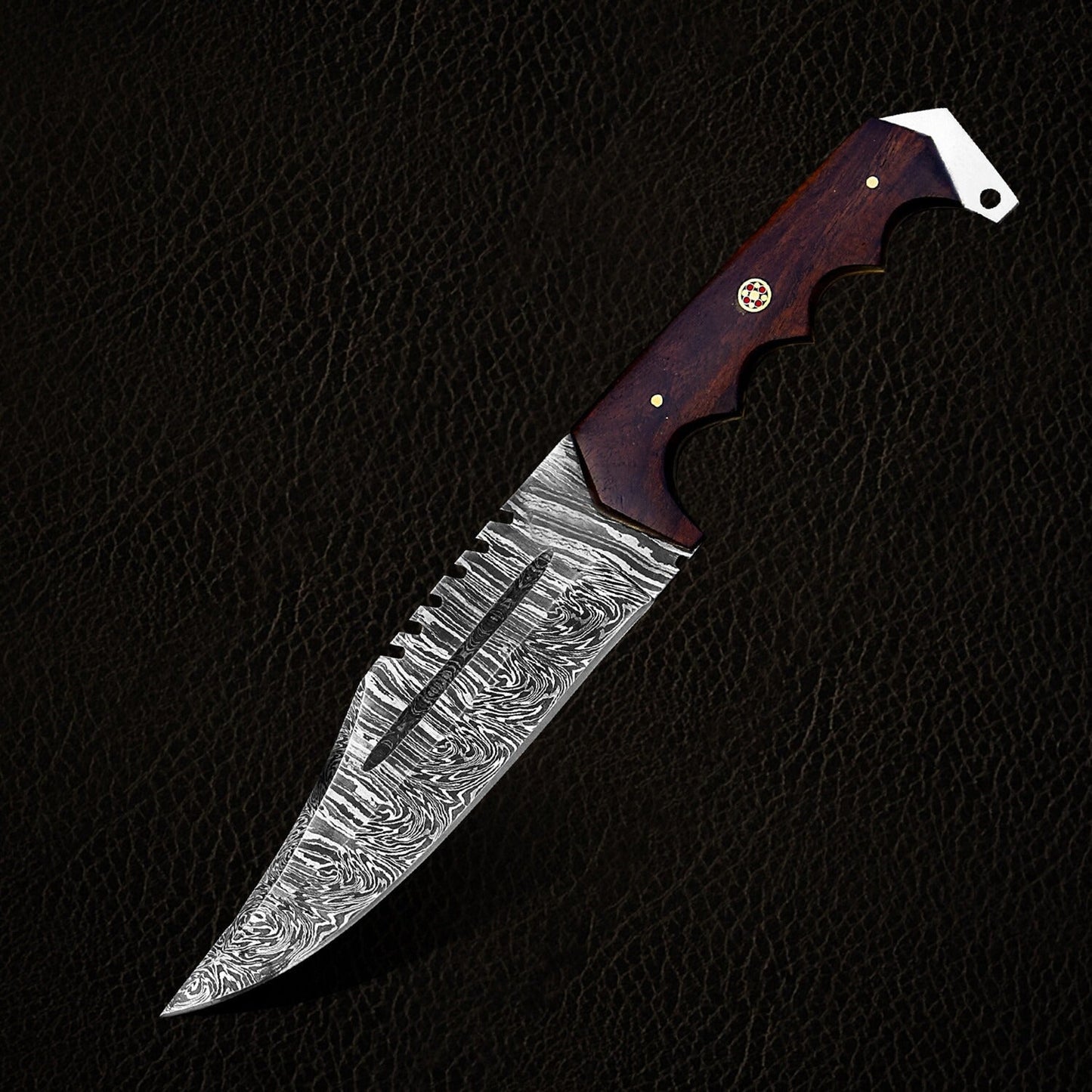 12" Damascus Steel Fixed Blade Knife with Ergonomic Walnut Wood Handle – Leather Sheath Included