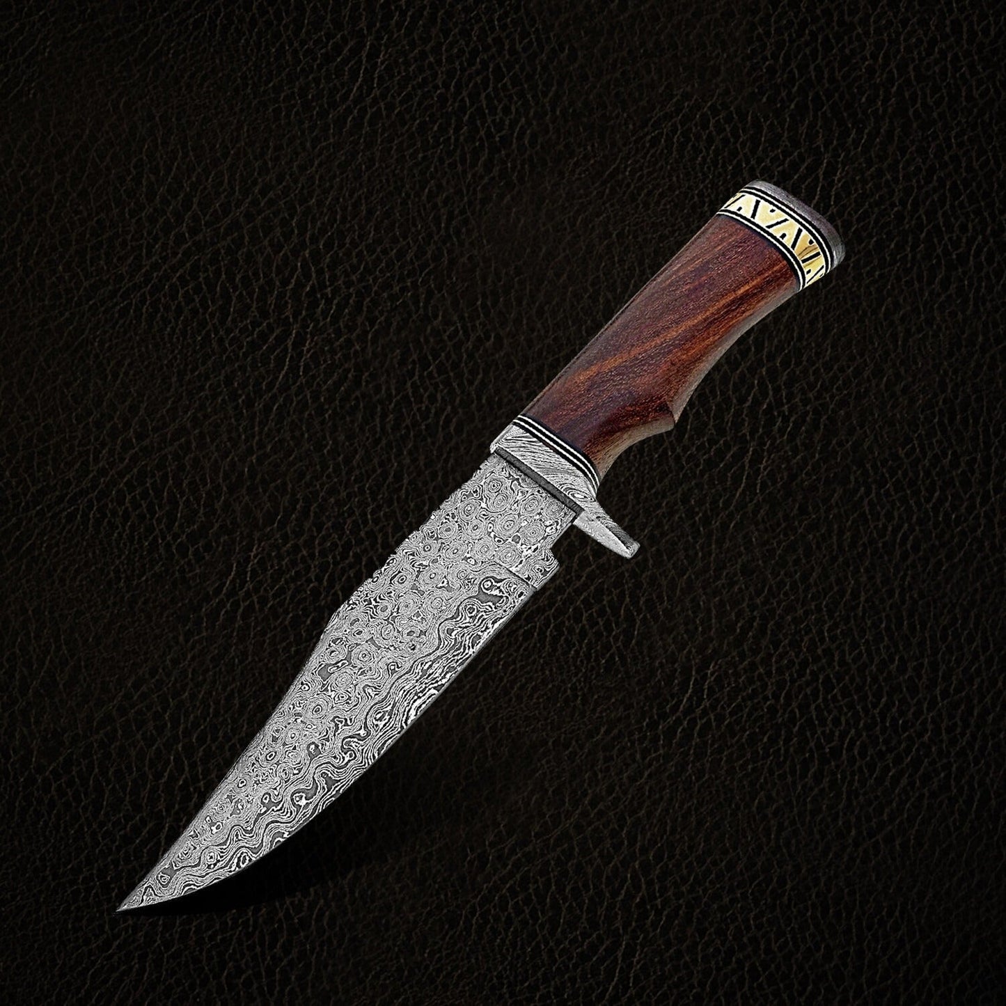 12" Damascus Steel Bowie Knife with Brass Handwork & Walnut Wood Handle – Leather Sheath Included