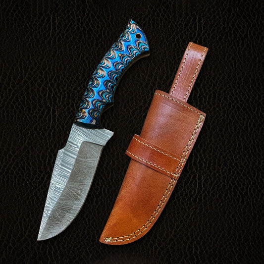 9.5" Damascus Steel Fixed Blade Knife with Blue Grooved Wood Handle – Leather Sheath Included