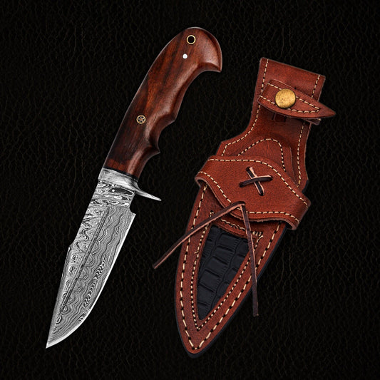 10" Damascus Steel Fixed Blade Knife with Dark Brown Walnut Wood Handle – Leather Sheath Included