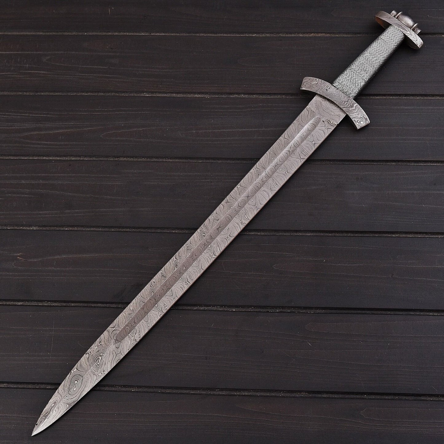 Handmade Damascus Steel Sword | Double Edge Battle Ready Sword with Leather Sheath – Collectible Medieval Viking Replica