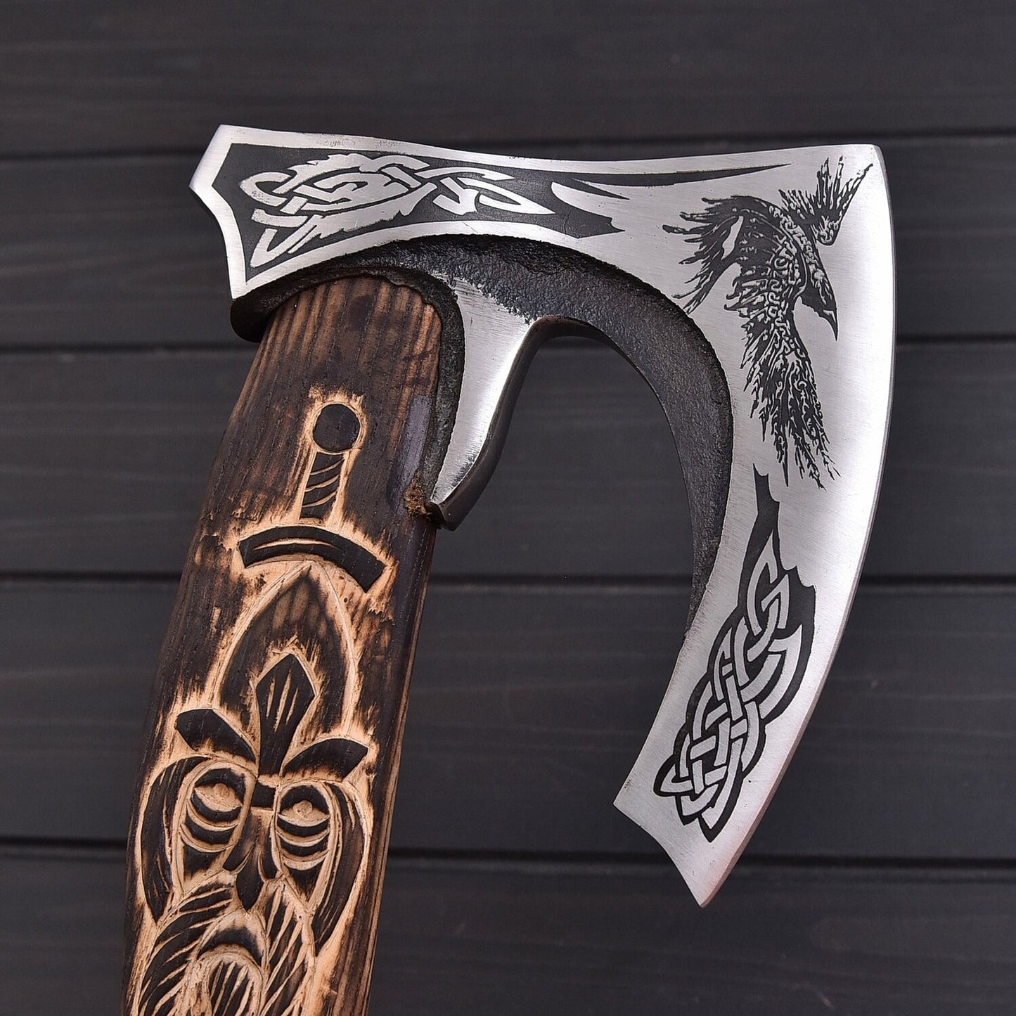Handmade Carbon Steel Viking Style Axe – 1095 Steel Blade Engraved Ash Wood Handle  Leather Sheath – 20 Decorative & Outdoor Tool