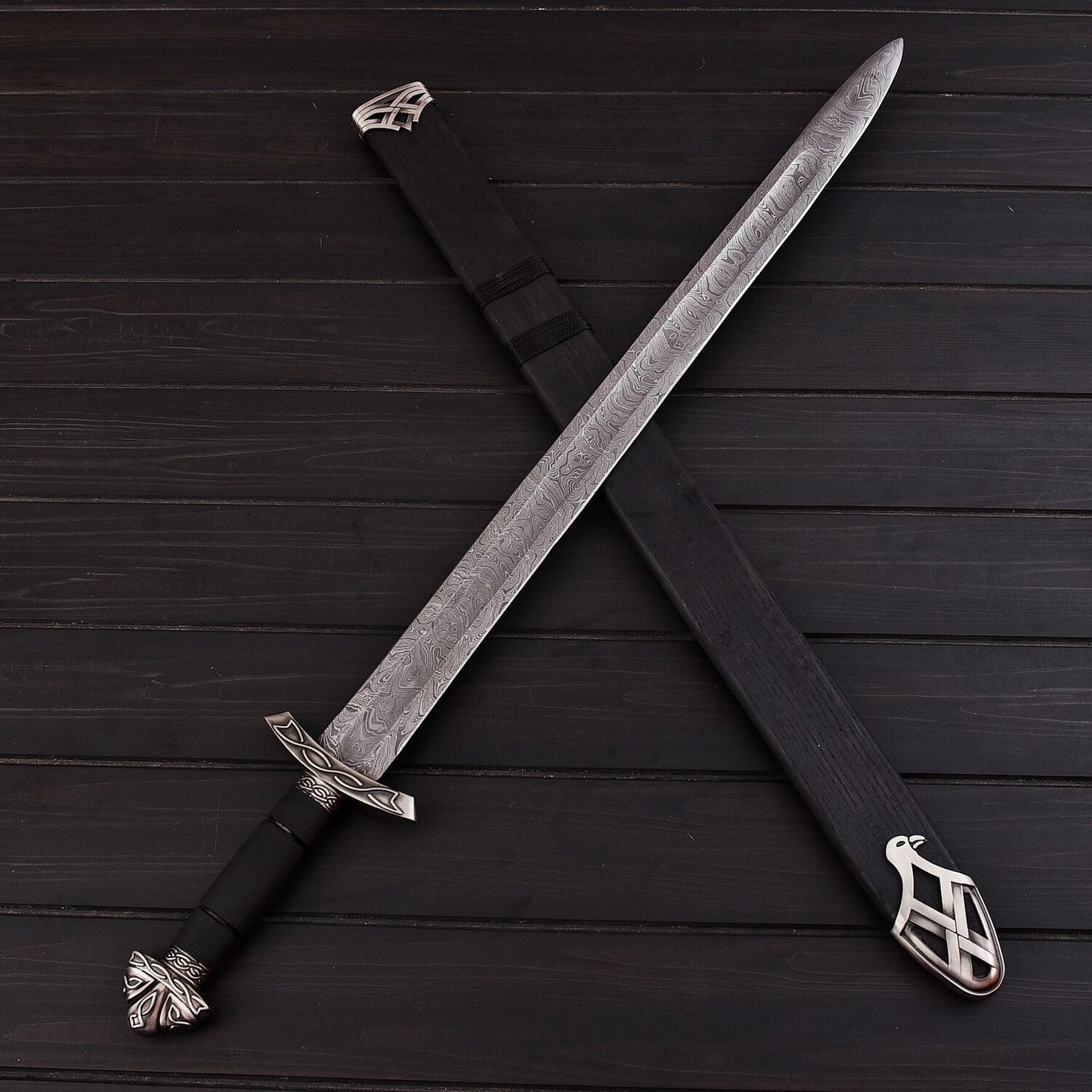 Handmade Damascus Steel Sword – 30 Double Edge Battle-Ready Blade with Leather Sheath | Collectible Warrior Sword USA