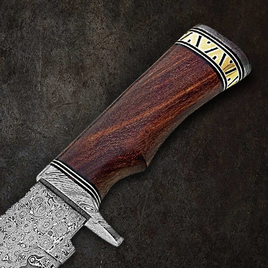 12" Damascus Steel Bowie Knife with Brass Handwork & Walnut Wood Handle – Leather Sheath Included