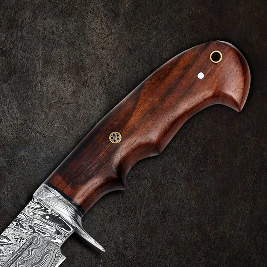10" Damascus Steel Fixed Blade Knife with Dark Brown Walnut Wood Handle – Leather Sheath Included