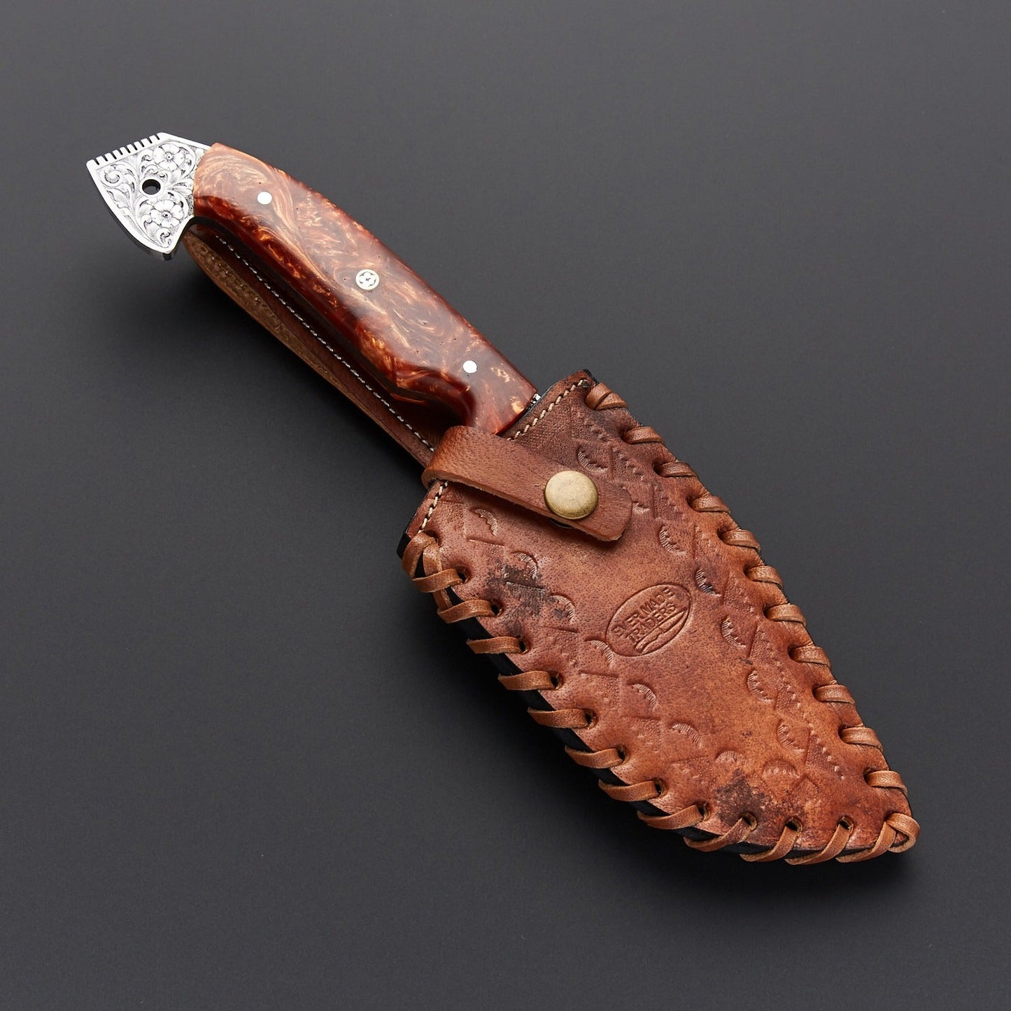Engraved Stainless Steel Decorative Knife – Collector Display Piece with Leather Sheath