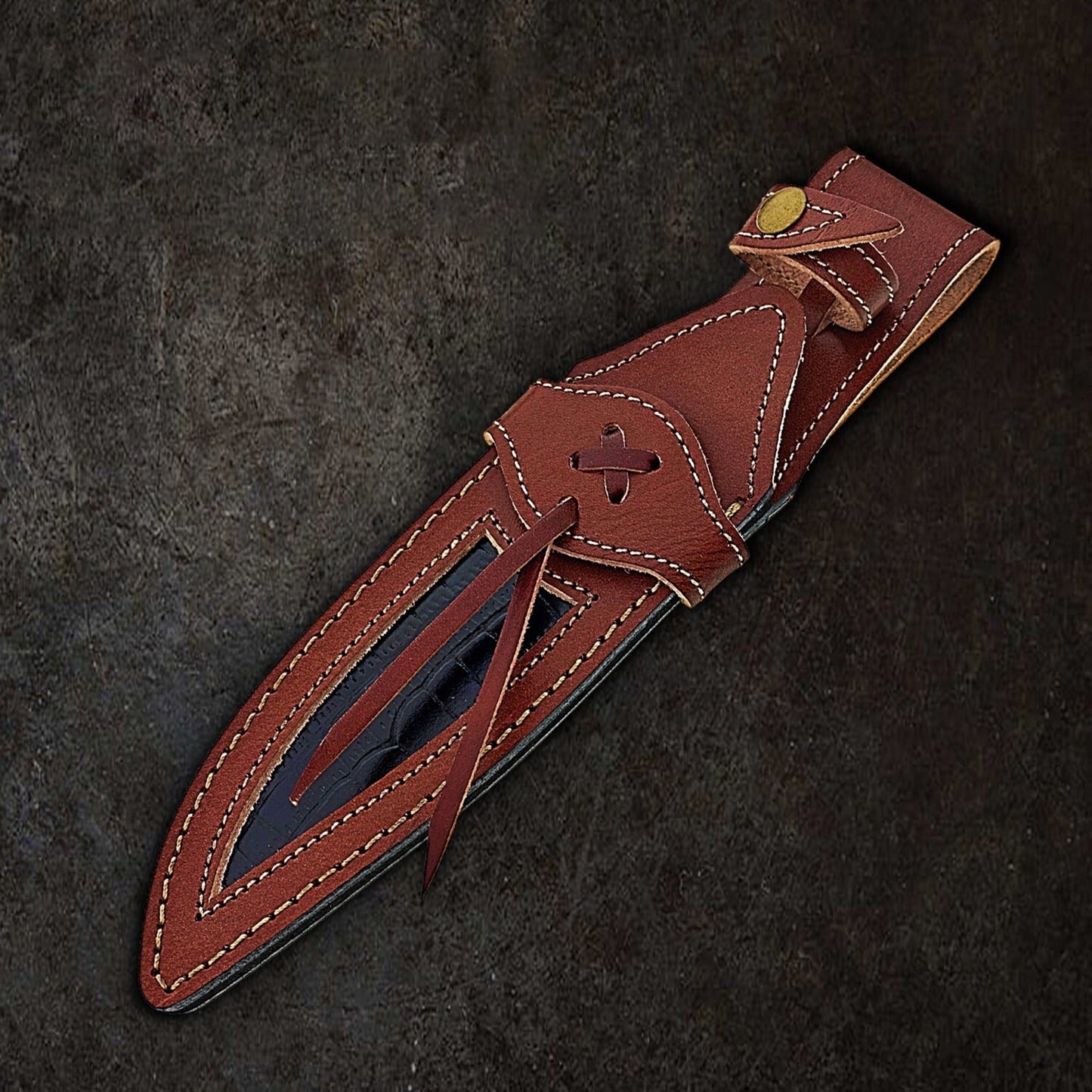 12" Damascus Steel Bowie Knife with Brass Handwork & Walnut Wood Handle – Leather Sheath Included