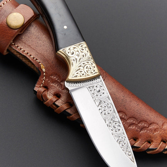 Engraved Black Decorative Knife – Stainless Steel Collector Piece with Leather Sheath