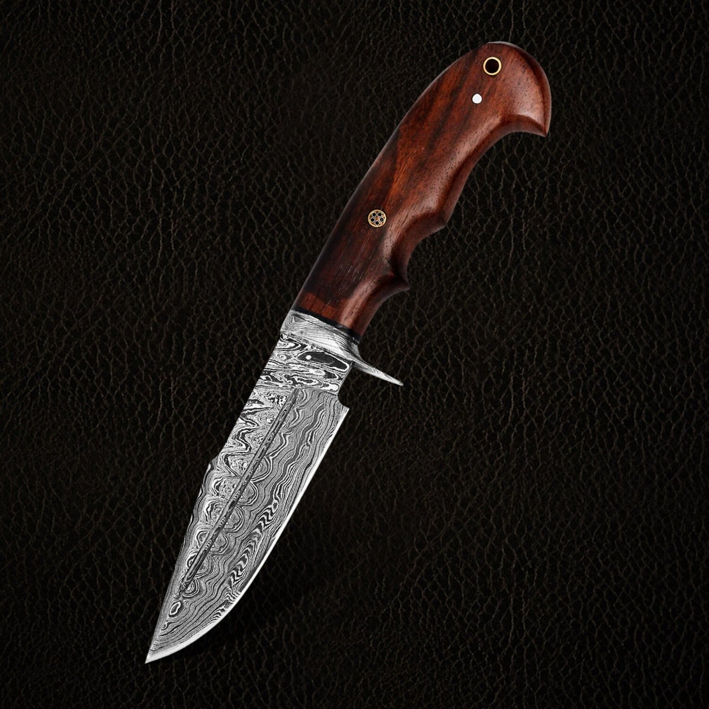 10" Damascus Steel Fixed Blade Knife with Dark Brown Walnut Wood Handle – Leather Sheath Included