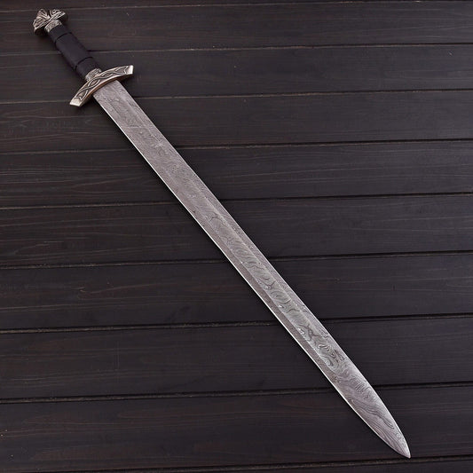 Handmade Damascus Steel Sword – 30 Double Edge Battle-Ready Blade with Leather Sheath | Collectible Warrior Sword USA