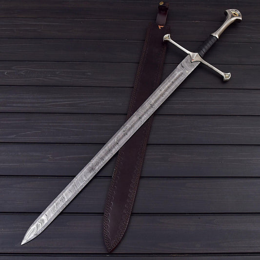 Damascus Steel Double Edge Sword 41" – Hand Forged 1096 & 15N20 Steel Blade with Leather Sheath – Decorative & Collector Display