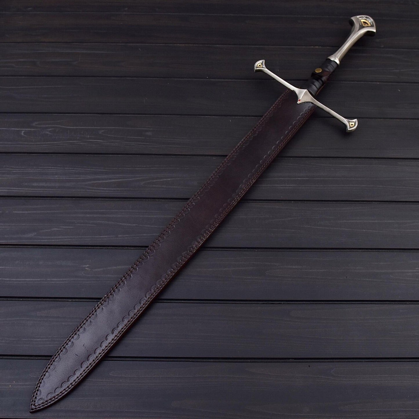 Damascus Steel Double Edge Sword 41" – Hand Forged 1096 & 15N20 Steel Blade with Leather Sheath – Decorative & Collector Display