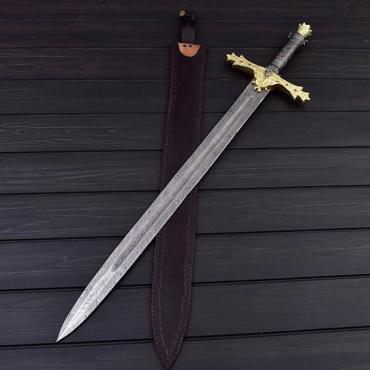 Handcrafted Damascus Steel Double Edge Sword  38 Overall Length  Leather Sheath Included