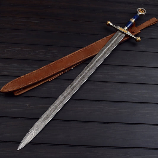 Handmade Damascus Steel Saint George Decorative Sword with Leather Sheath  40.5 Collectible Display Piece