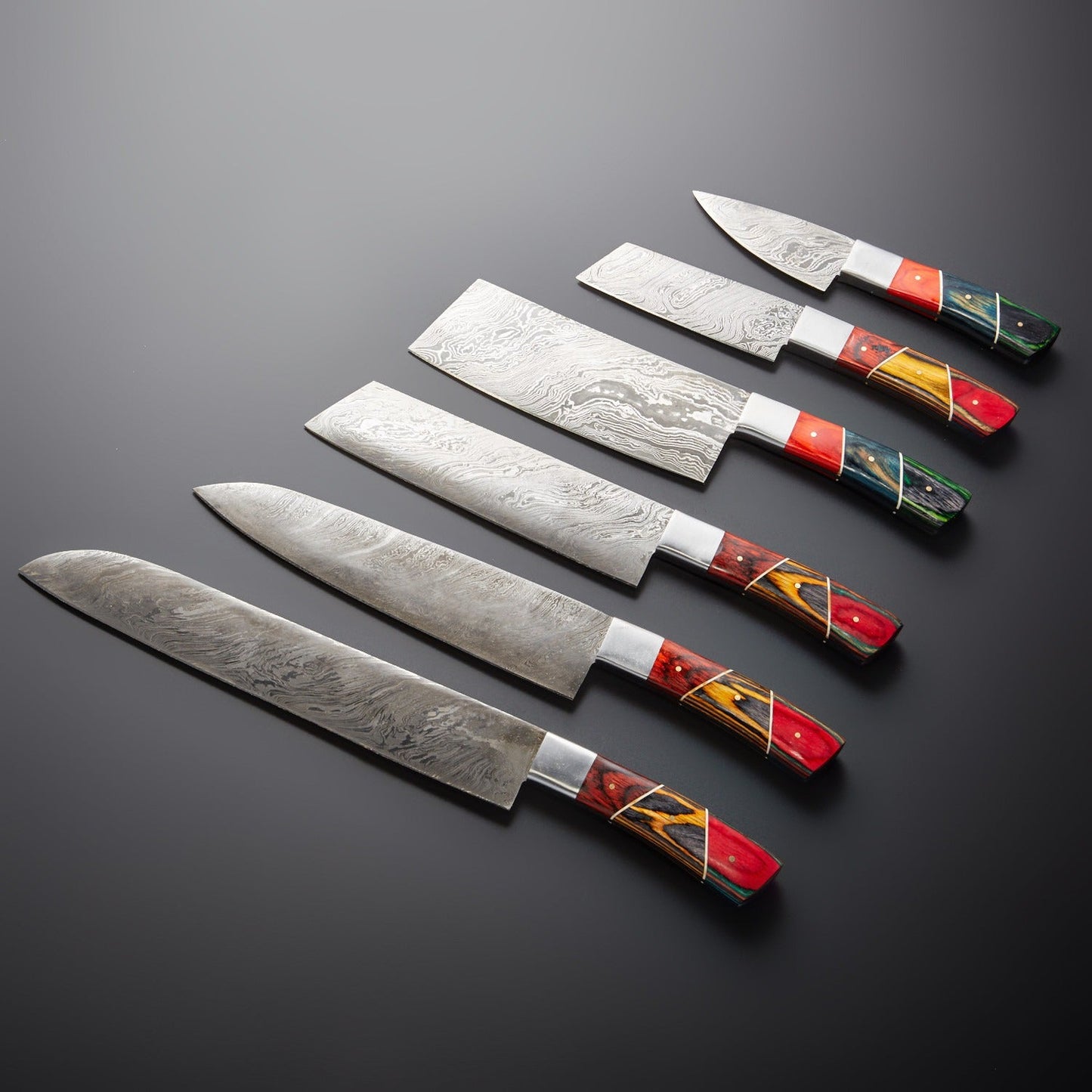 Damascus Kitchen Knife Set of 6 with Multi Wood Handles – 240+ Layer Steel Blades & Storage Pouch