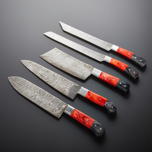 Damascus Kitchen Knife Set of 5 with Multi Wood Handles – 240+ Layer Steel Blades & Storage Pouch