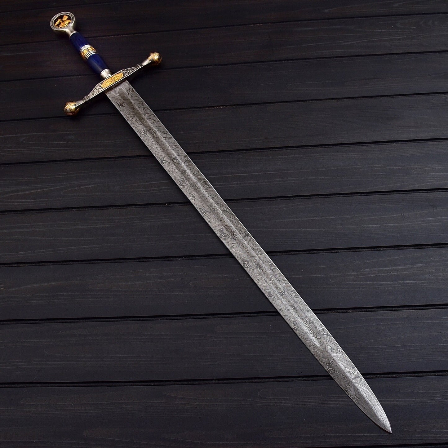 Handmade Damascus Steel Saint George Decorative Sword with Leather Sheath  40.5 Collectible Display Piece
