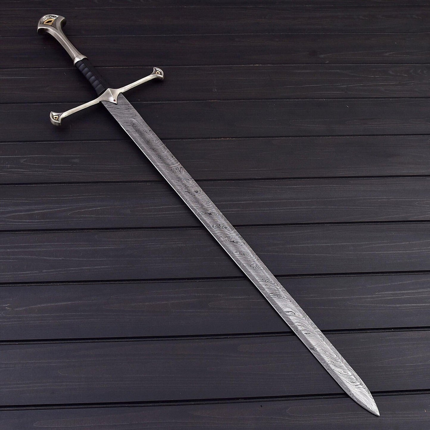 Damascus Steel Double Edge Sword 41" – Hand Forged 1096 & 15N20 Steel Blade with Leather Sheath – Decorative & Collector Display