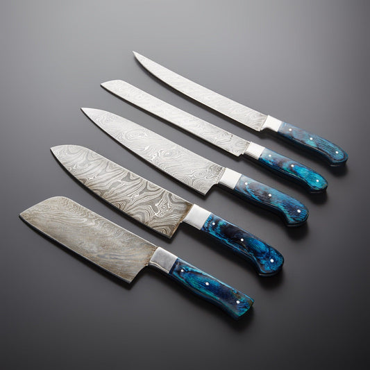 damascus chef set kitchen knife set chef knives damascus steel knives blue wood handle kitchen tools set, cooking knives, food prep knives, knife collection, chef gift set, kitchen accessories, modern knife set, cooking set