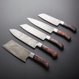 Damascus Kitchen Knife Set of 5 with Rosewood Handles – 240+ Layer Steel Blades & Storage Pouch