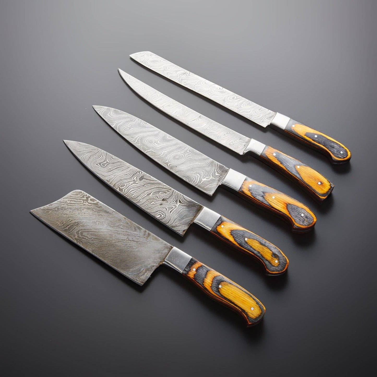 Damascus Kitchen Knife Set of 5 with Multi Wood Handles – 240+ Layer Steel Blades & Storage Pouch