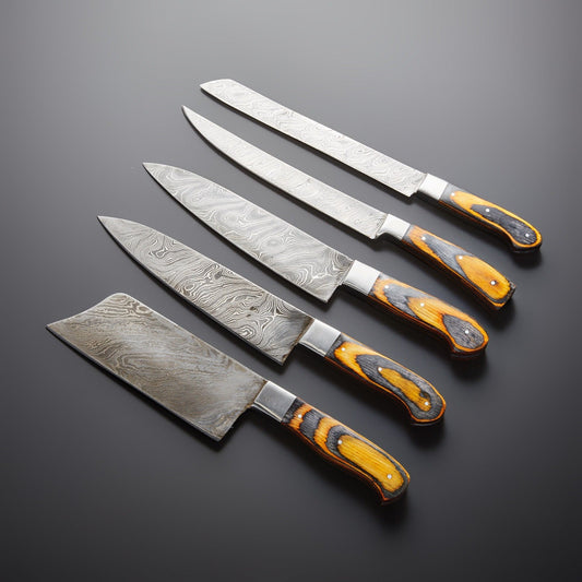 Damascus Kitchen Knife Set of 5 with Multi Wood Handles – 240+ Layer Steel Blades & Storage Pouch